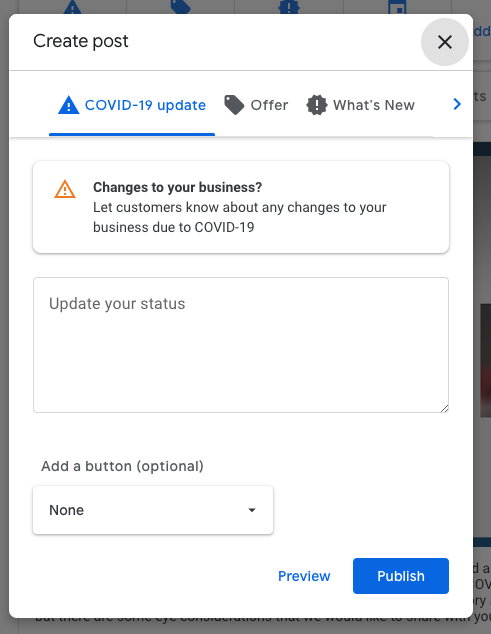 Google My Business posts that are specifically geared towards COVID-19