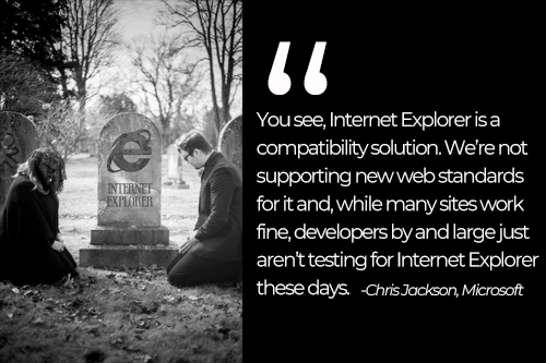 couple looking at gravestone with internet explorer logo