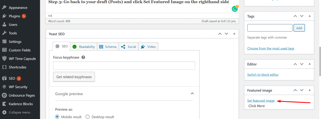 An arrow pointing to "set featured image" in WordPress.