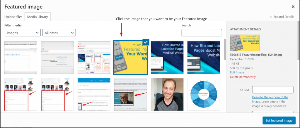 An arrow pointing to a highlighted image to be chosen as a featured image in WordPress
