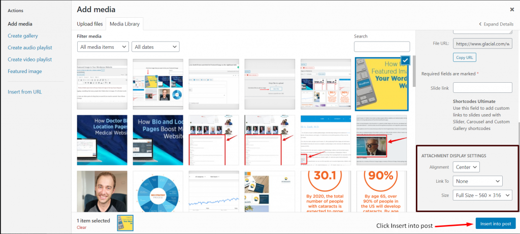 An arrow pointing to insert into post and a highlighted attachment display settings.