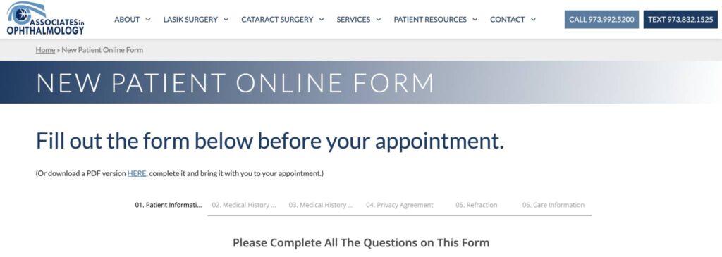 Associates in Ophthalmology - new patient form example