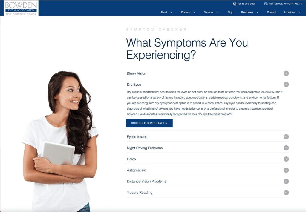 Bowden Eye symptom checker for medical website design