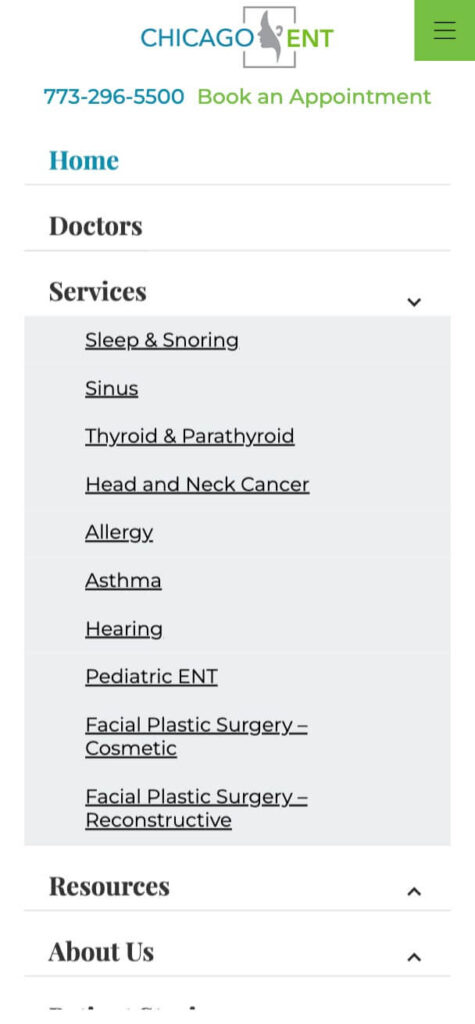 Chicago ENT - mobile menu navigation example for medical website design