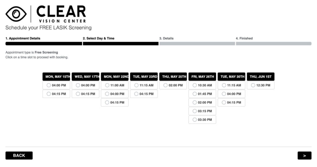 Online appointment scheduling form on Clear Vision Center