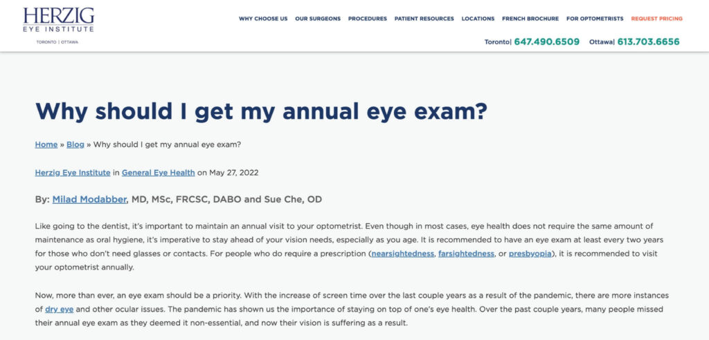 Herzig Eye blogs - example of EEAT in medical website design blogs