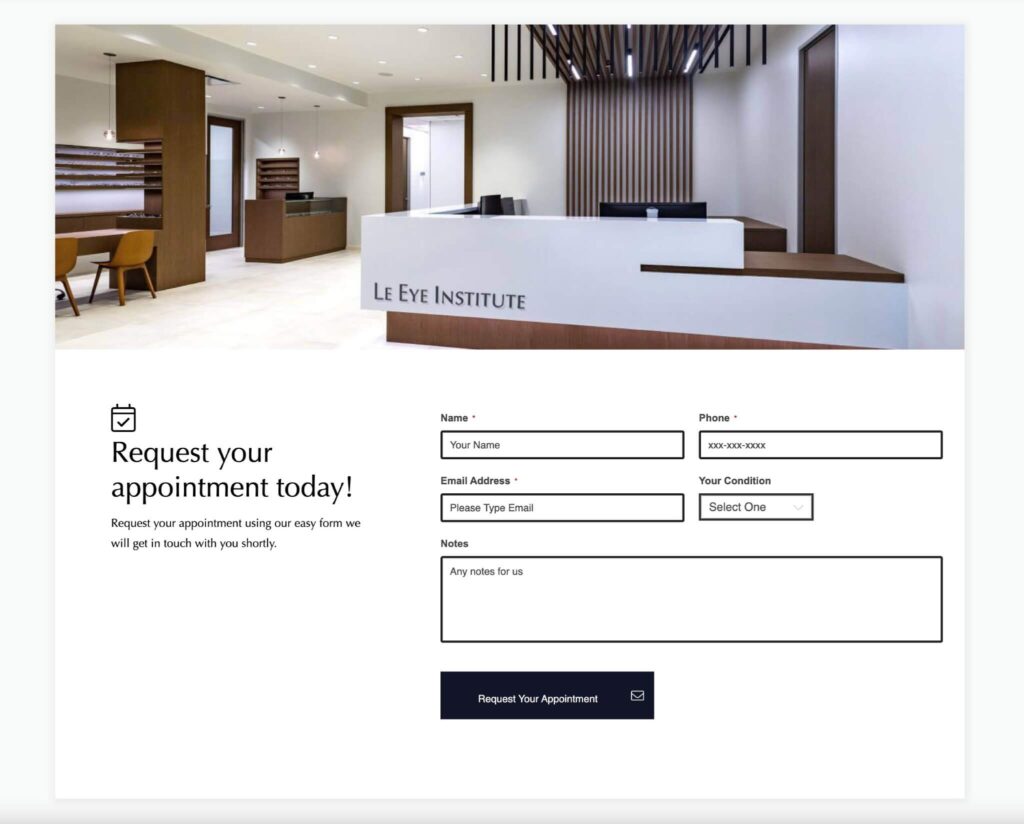 Le Eye Institute - form CTA example for medical website design