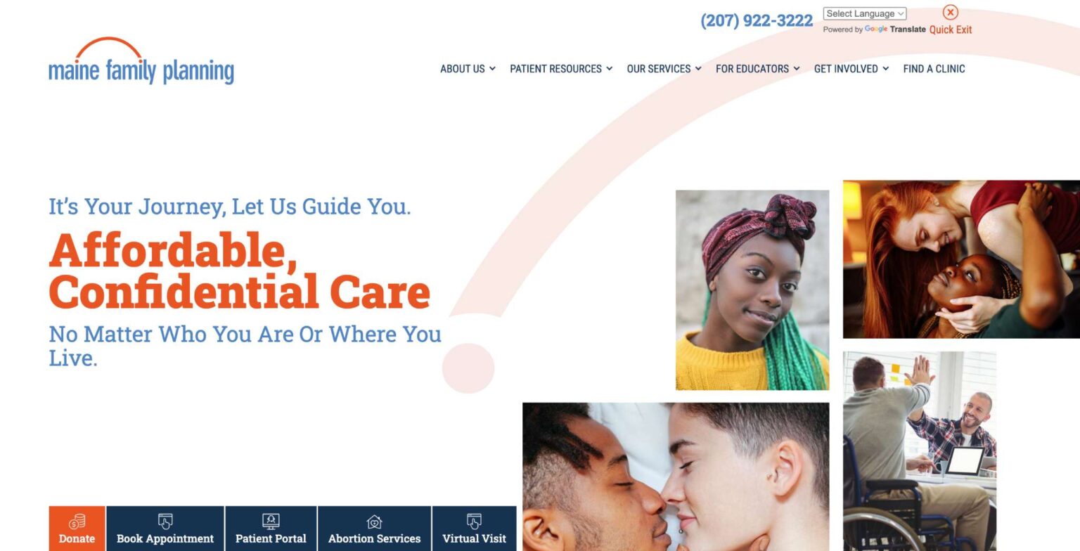Maine Family Planning's homepage hero design, highlighting the use of their branding in creative ways