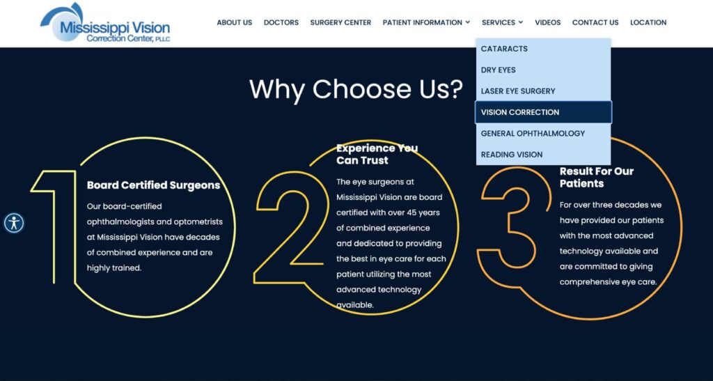 Mississippi Vision Correction - accessible color contrast in medical website design