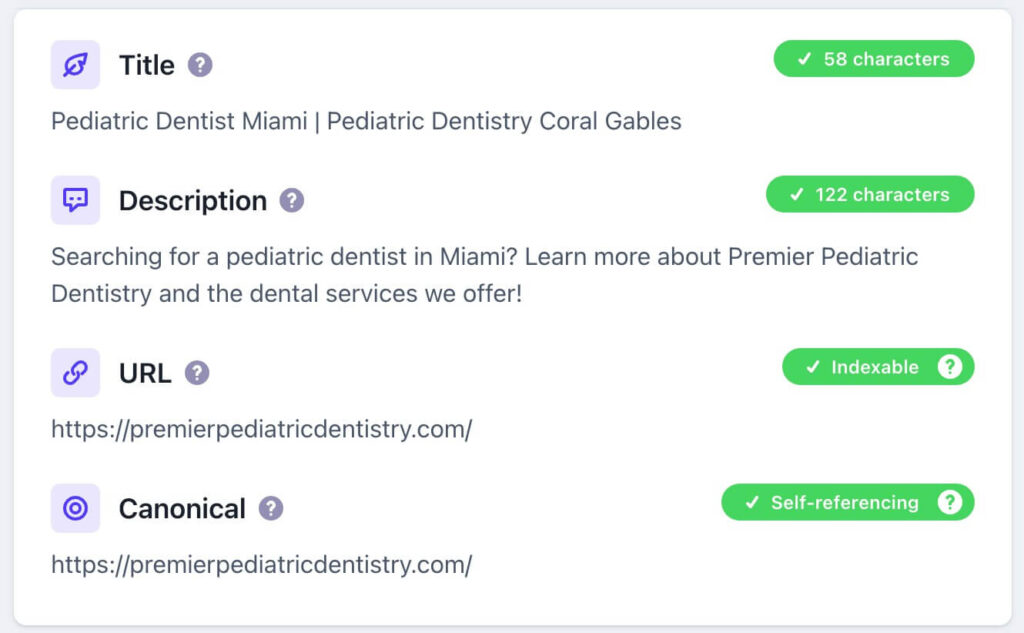 Premier Pediatric Dental - example of optimized title tag and meta description for medical website design