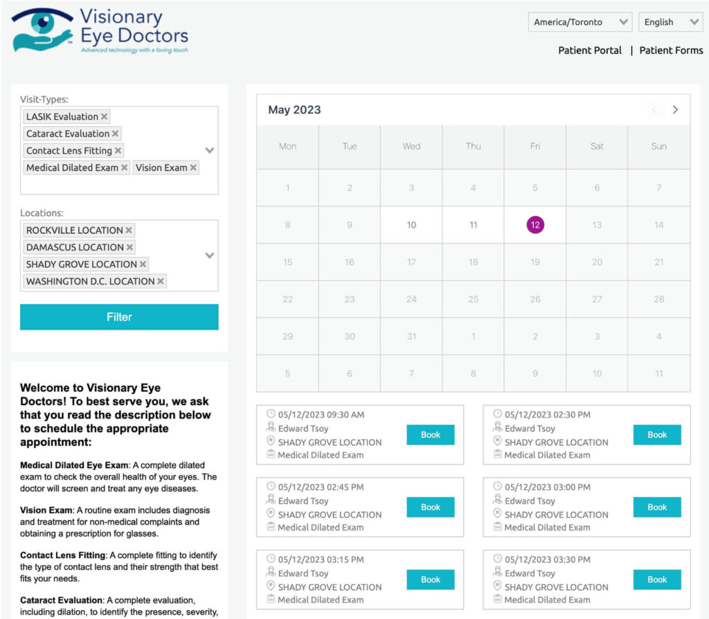 Online appointment scheduling form on voeyedr.com